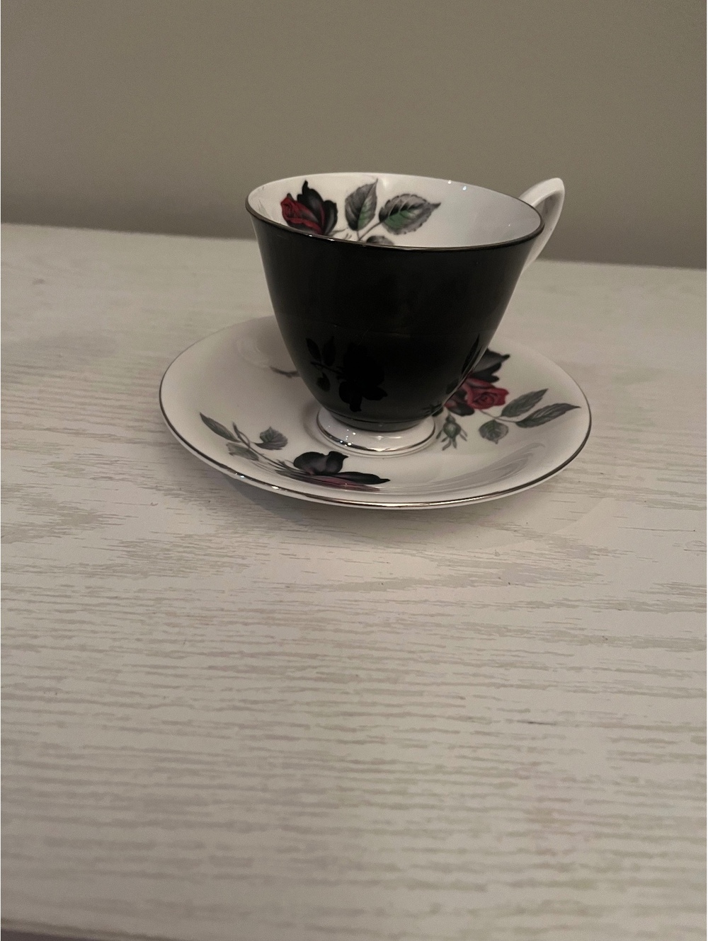 Royal Albert Bone China Tea Cup and Saucer Set with Black and Red Rose Design